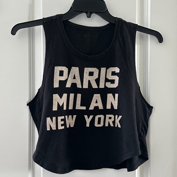 Rebellious Tops - Rebellious Crop Tank Top With Paris Milan New York Print Black Cotton Sleeveless